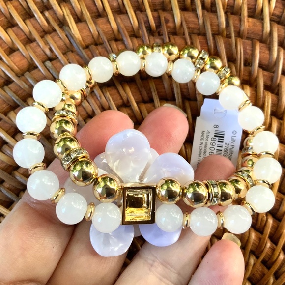 LILLY PULITZER  BRACELET 🩷FLOWER BLOOM WHITE/GOLD /CRYSTAL 🩷BEADED STRETCH - Picture 4 of 9